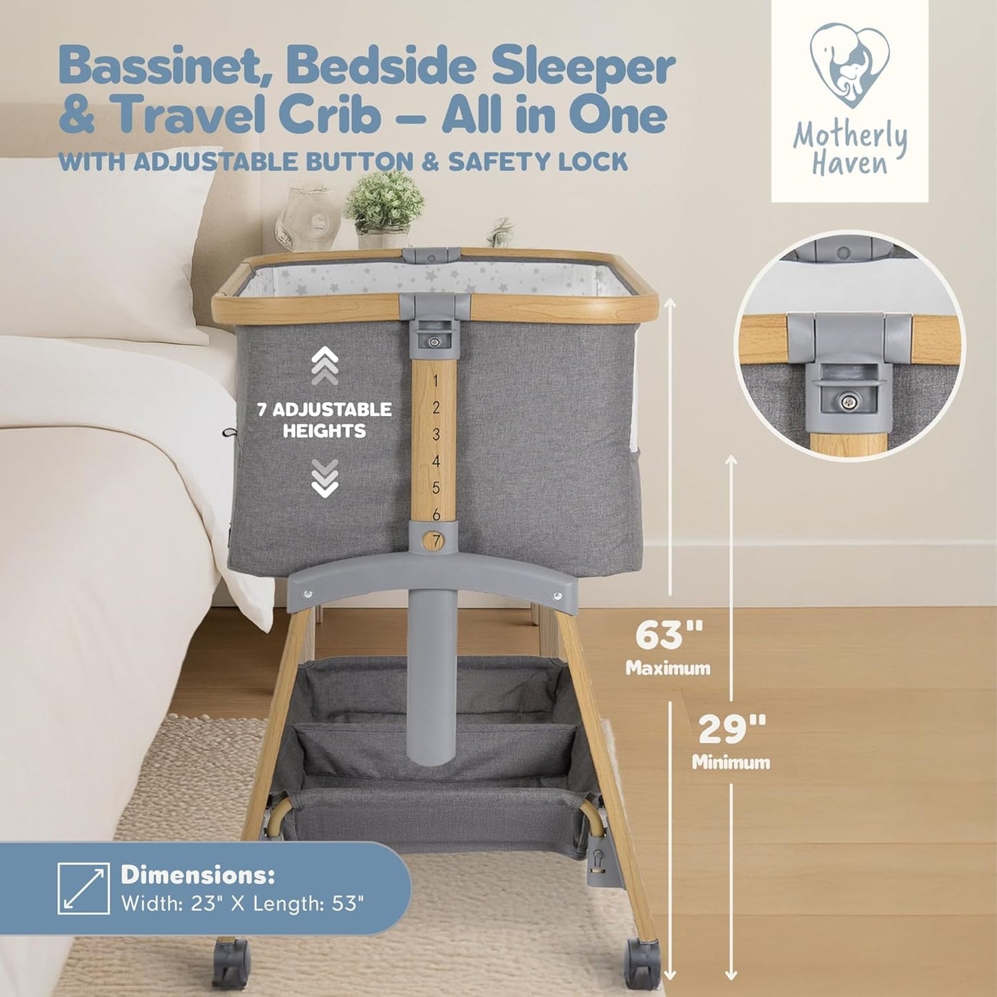Motherly Haven Baby Bassinet Bedside Sleeper, Portable Crib for Newborns, Adjustable 7-Height Auto-Lock, with Wheels, Soft Mattress & Breathable Mesh (Light Grey)