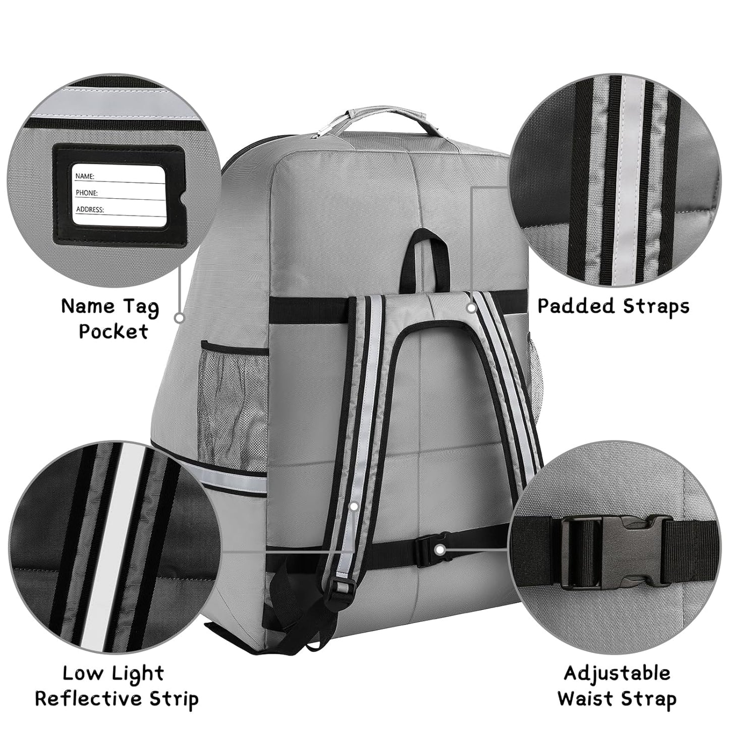Car Seat Travel Bag,Padded Car Seats Backpack with Steel Cable Handle and Reflective Stripes, Large Durable Carseat Carrier Bag,Airport Gate Check Bag,Infant Seat Travel Bag with Shoulder Strap,Black