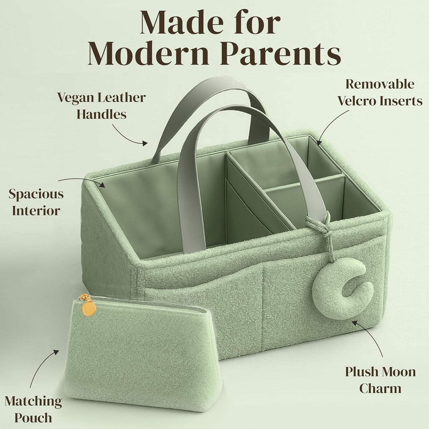 Orelle Bouclé Diaper Caddy Organizer with Matching Pouch & Moon Pendant | Teddy Portable Changing Table Organizer | Must-Have Baby Shower Gifts | Cream