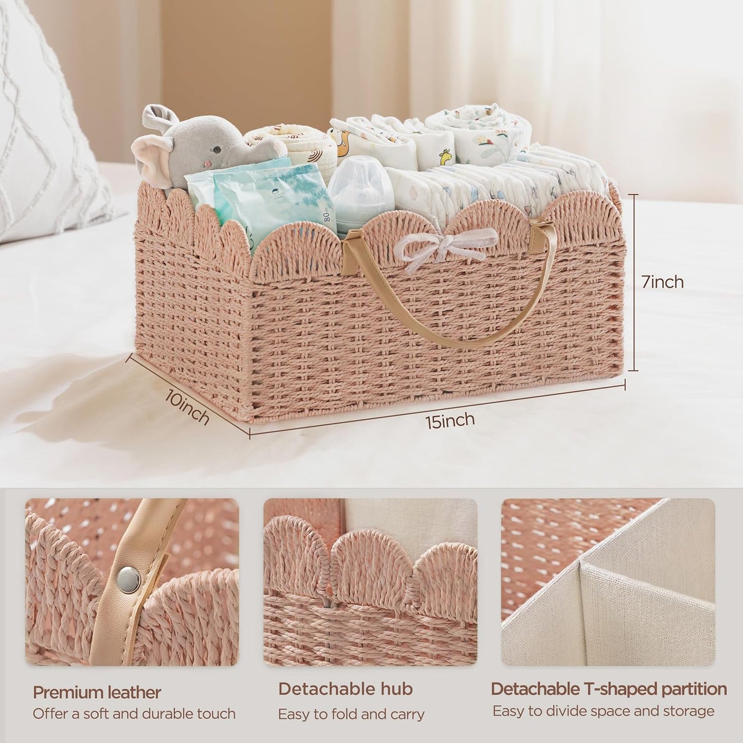 HBlife Large Baby Diaper Caddy, Paper Rope Storage Baskets Nursery Bin with Removable Divider, Portable Car Organizer for Diapers, Baby Shower Gifts, Newborn Essentials Must Haves