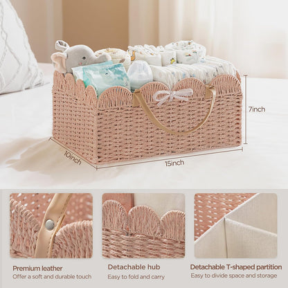 HBlife Large Baby Diaper Caddy, Paper Rope Storage Baskets Nursery Bin with Removable Divider, Portable Car Organizer for Diapers, Baby Shower Gifts, Newborn Essentials Must Haves