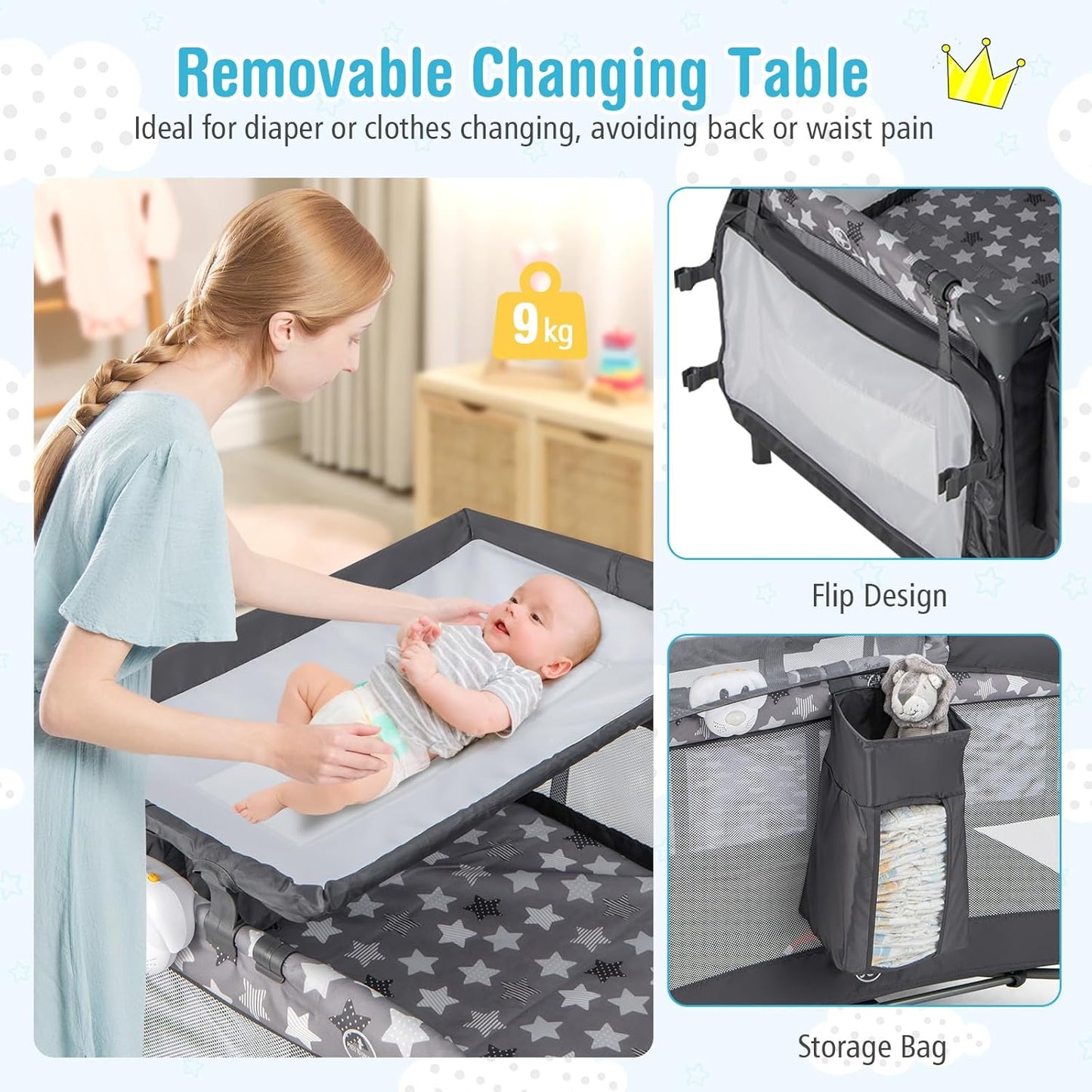 BABY JOY 4 in 1 Pack and Play with Canopy, Portable Baby Playard with Bassinet, Double-Layer Baby Crib, Wheels & Brake, Foldable Baby Girl Pink Princess Bassinet from Newborn to Toddler