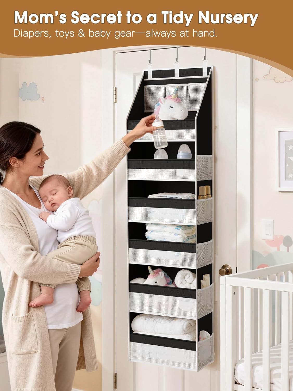 Criusia Over the Door Organizer, 6-Shelf Closet Hanging Storage with 13 Mesh Pockets, 55lbs Capacity Behind the Door Storage for Baby Nursery, Bathroom, Bedroom, and Dorm, Beige