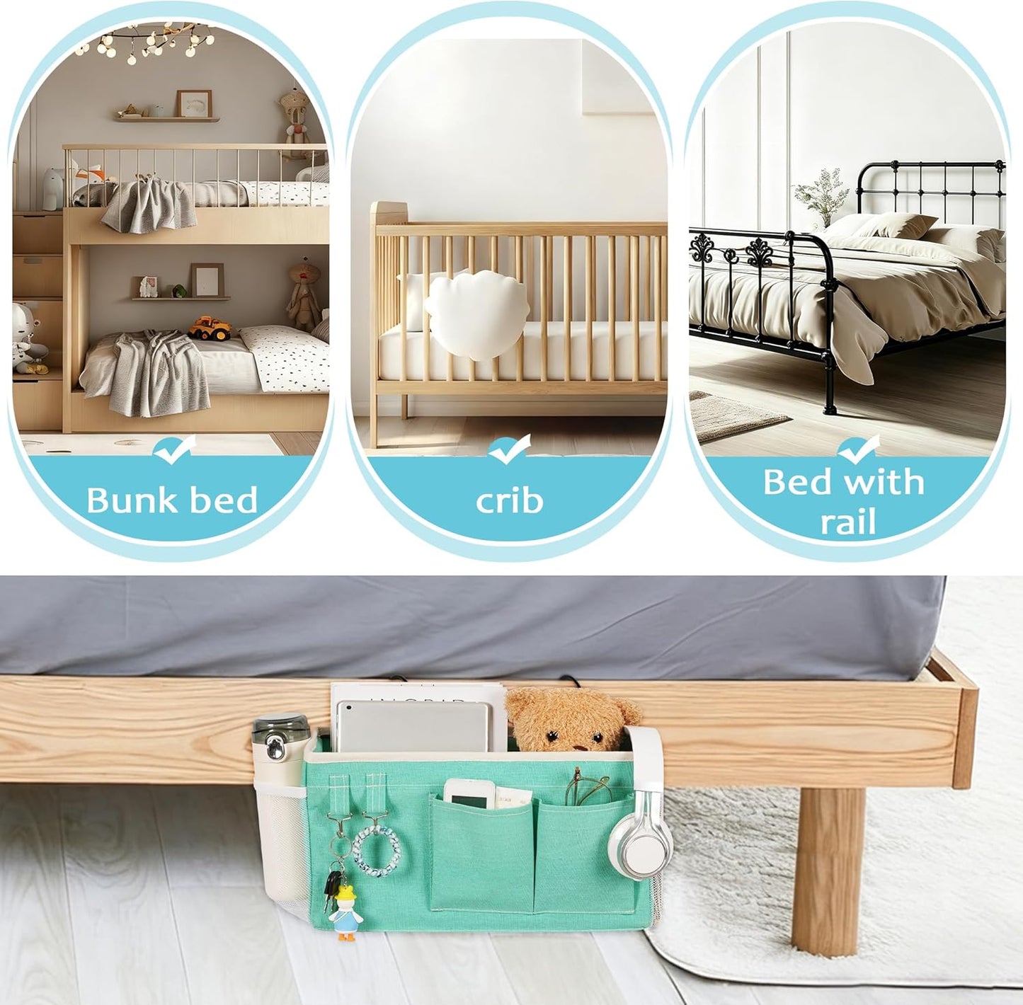 Loghot Bedside Caddy/Bedside Storage Bag Hanging Organizer for Bunk and Hospital Beds,Dorm Rooms Bed Rails,Can be Placed Glasses,Books,Mobile Phones,Keys (White)
