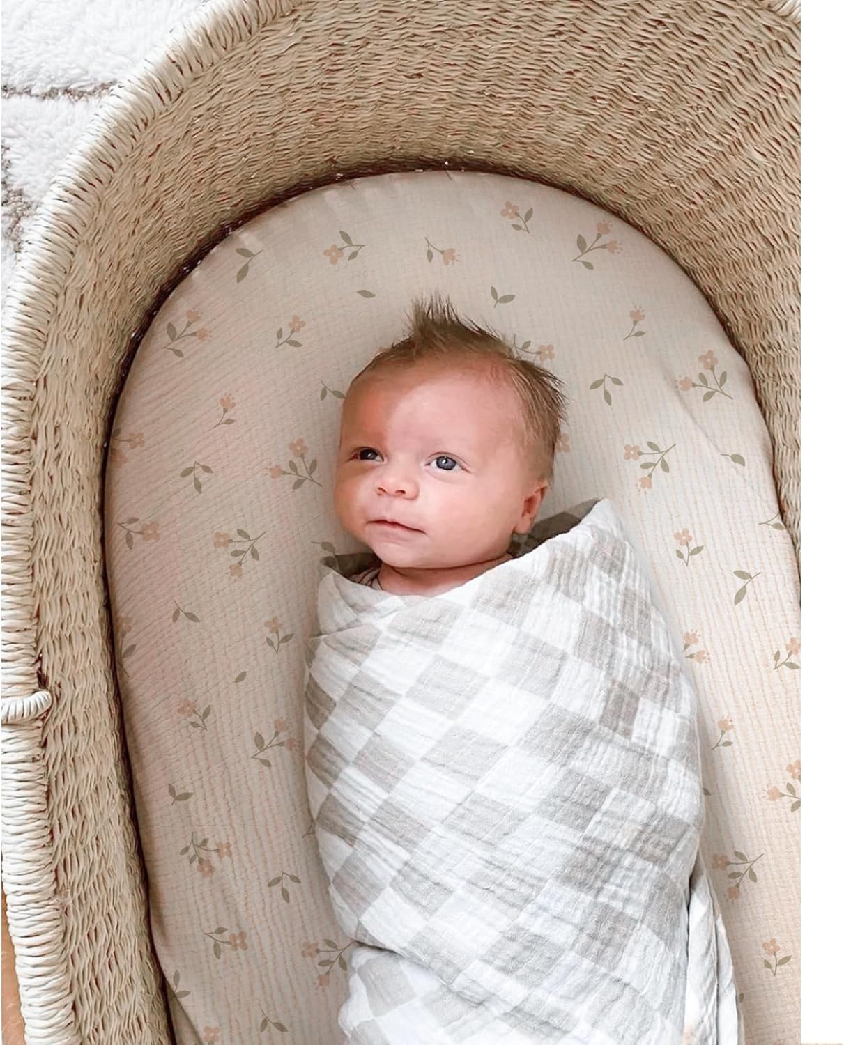 MairMore 2 Pack Muslin Fitted Bassinet Sheets for Babies, Soft & Breathable 100% Cotton Bedside Sleeper Bassinet Sheet, Moses Basket Oval Rectangle Pad/Mattress (Pink Blossom)