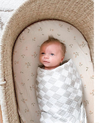 MairMore 2 Pack Muslin Fitted Bassinet Sheets for Babies, Soft & Breathable 100% Cotton Bedside Sleeper Bassinet Sheet, Moses Basket Oval Rectangle Pad/Mattress (Pink Blossom)