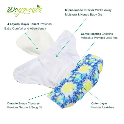 wegreeco Cloth Diapers 6 Pack with 6 Inserts & 1 Wet Bag, Washable Cloth Diapers for Babies, One Size Adjustable Reusable (Flower)