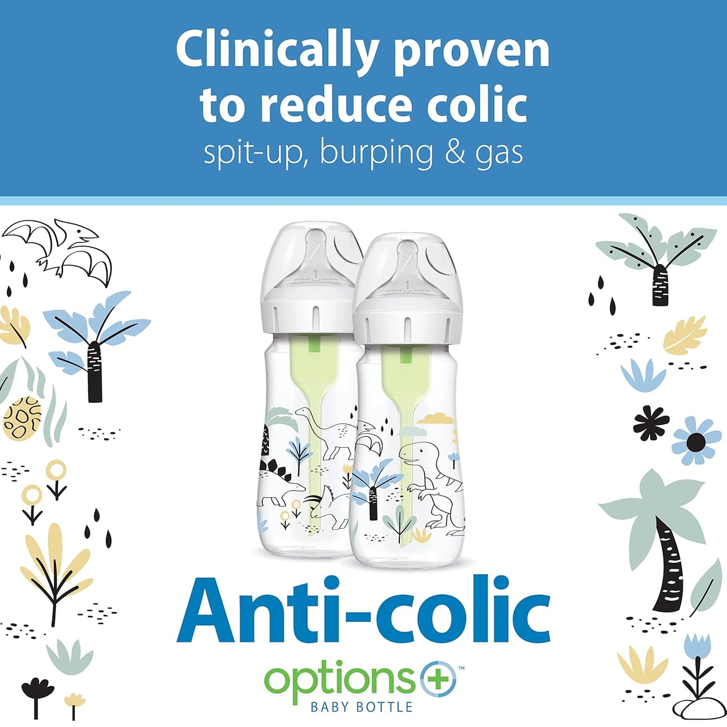 Dr. Brown's Anti-Colic Options + Wide-Neck Baby Bottle Designer Edition Dino Decos, 9oz/270mL, Level 1 Slow Flow Nipple, BPA-Free, 0m+, 2-Pack