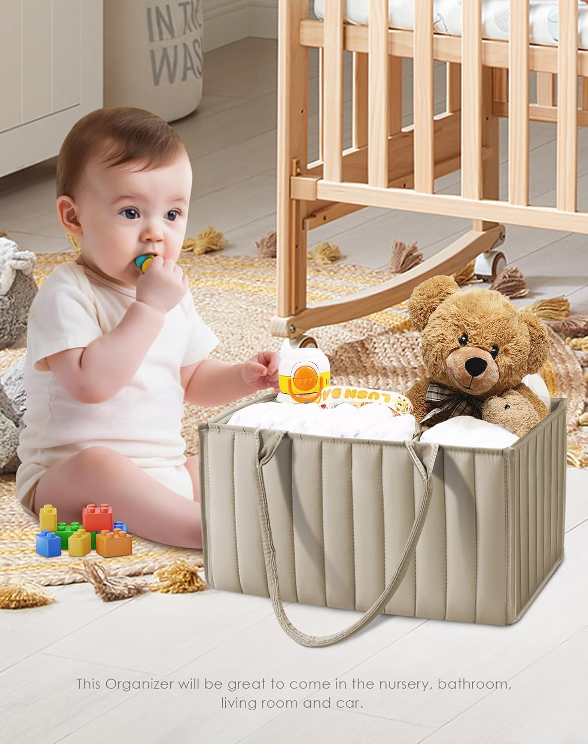 SWEET DOLPHIN 2-Pack Quilted Diaper Caddy Organizer – Premium Puffer Style Nursery Storage Bins – Water-Resistant & Wipeable Changing Table Organizer – Trendy Tote for Home & Car Travel - Mocha Brown