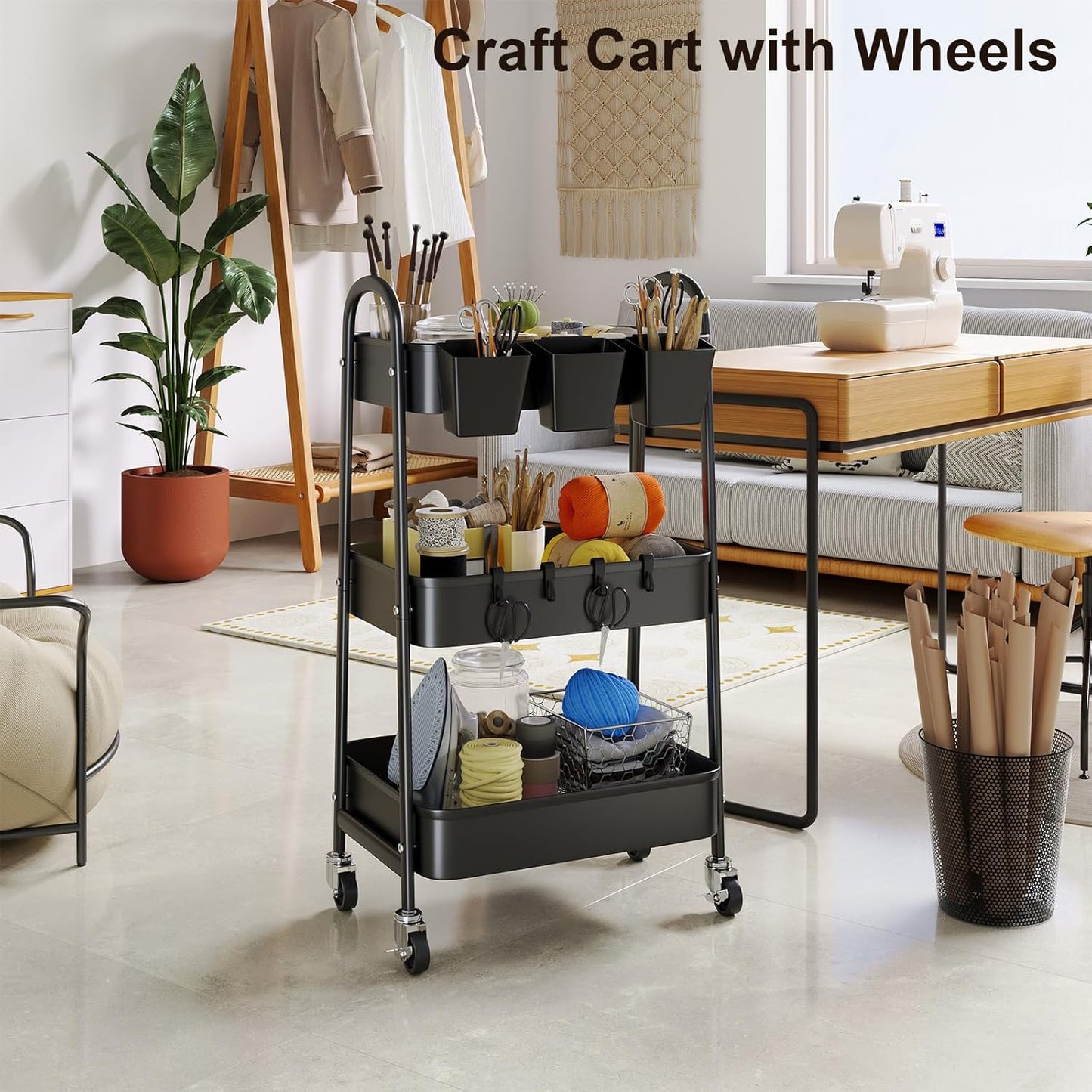 3 Tier Heavy Duty White Metal Rolling Cart with Lockable Wheels, Three Tier Roller Book Snack Cart, Utility Storage Organizer Carts for Kitchen, Bathroom, Garage, Baby Diaper, Craft, Art, Teacher