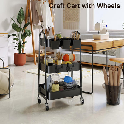 3 Tier Heavy Duty White Metal Rolling Cart with Lockable Wheels, Three Tier Roller Book Snack Cart, Utility Storage Organizer Carts for Kitchen, Bathroom, Garage, Baby Diaper, Craft, Art, Teacher