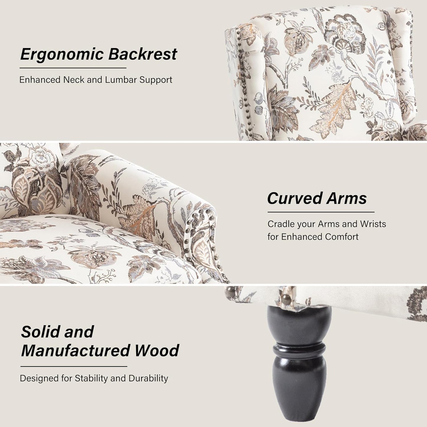 Swivel Rocker Recliner Chair, Manual Nursery Glider Recliner, Floral Fabric Wingback Accent Chair with Adjustable Backrest & Footrest for Small Spaces Living Room Bedroom (Plants Floral, Set of 1)