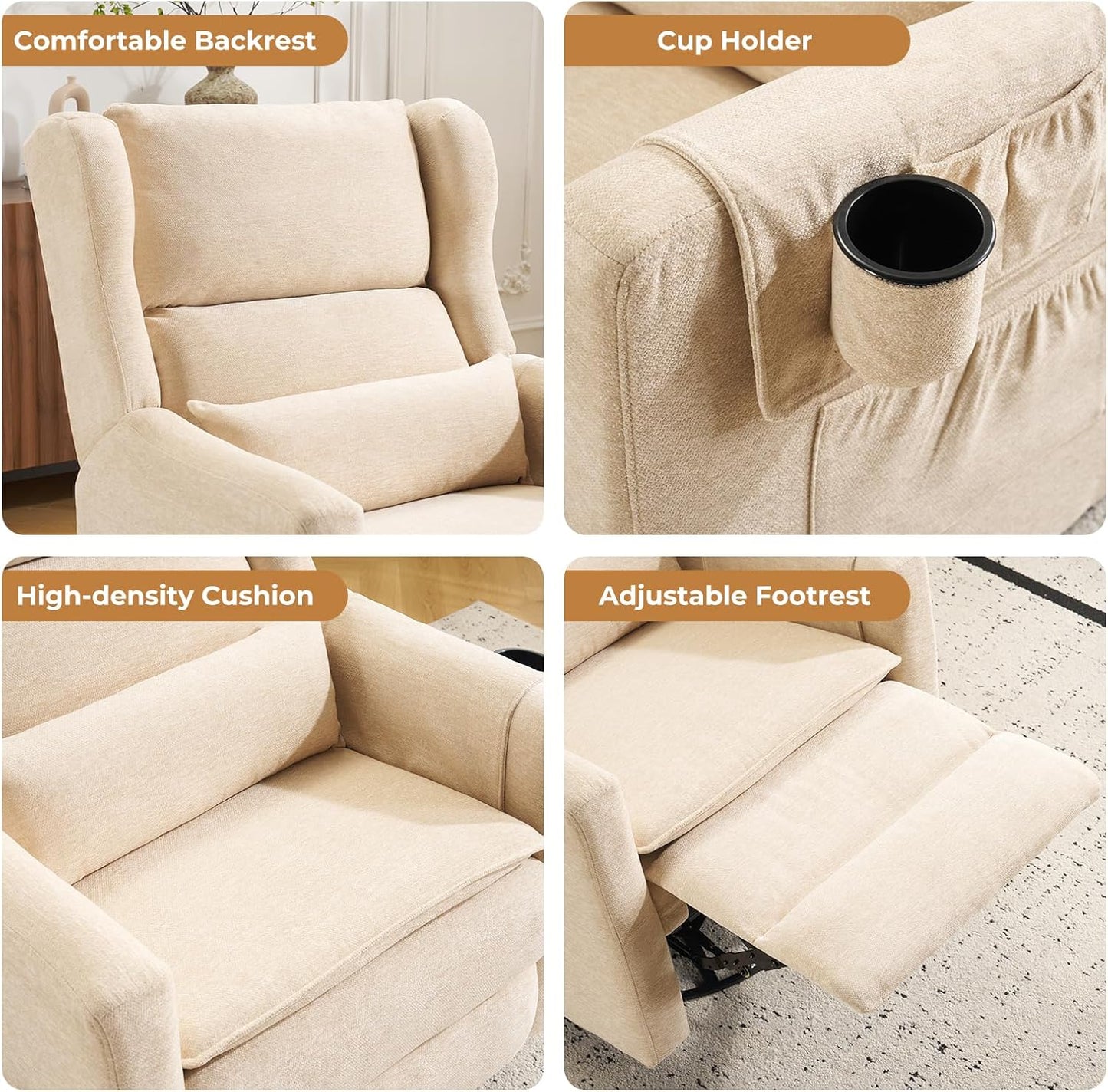 Large Glider Rocker Recliner,Rocking Chair Nursery with Adjustable Headrest,Swivel Rocker Recliner with Lumbar Support,Manual Nursery Rocker Recliner for Living Room& Bedroom,Chenille White