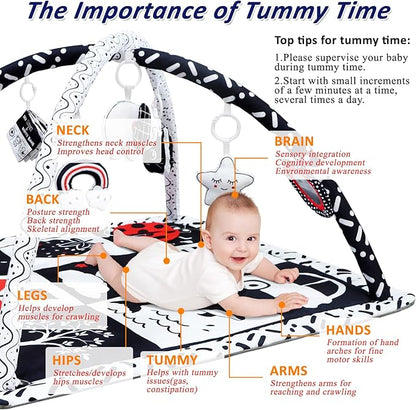 Poycuna Black and White Baby Gym Play Mat with 6 Toys Tummy Time Activity Mat for Babies 0-6 6-12 Months High Contrast Baby Gyms & Playmats Sensory Toys Newborn Brain Development Infant Play Mat