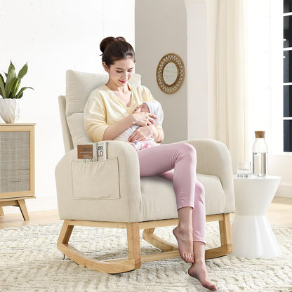 Rocking Chair Nursery, Glider Chair with High Back and Side Pocket, Solid Wood Frame Armchair with Non-Slip Padding for Nursery, Living Room, Bedroom (Ivory)