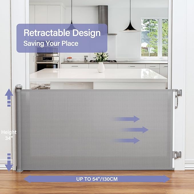 Retractable Baby Gates Extra Wide, PRObebi Retractable Dog Gate for the House Extends to 54" Wide 34" Tall, Gates for Baby Indoor, Stair Gate for Outdoor, Staris, Hallways, Doorways, Deck, Porch