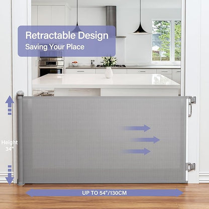 Retractable Baby Gates Extra Wide, PRObebi Retractable Dog Gate for the House Extends to 54" Wide 34" Tall, Gates for Baby Indoor, Stair Gate for Outdoor, Staris, Hallways, Doorways, Deck, Porch