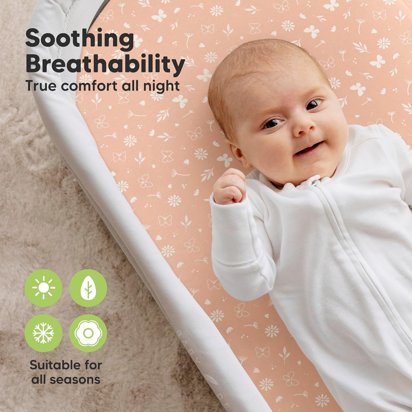 2-Pack Organic Bassinet Sheets for Girls, Boys - 100% Cotton Bassinet Mattress Sheets Compatible with Halo Bassinest Swivel Sleeper, Graco, Baby Delight, Chicco, Unisex Fitted Bassinet Sheets (Elly)