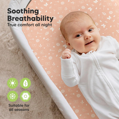2-Pack Organic Bassinet Sheets for Girls, Boys - 100% Cotton Bassinet Mattress Sheets Compatible with Halo Bassinest Swivel Sleeper, Graco, Baby Delight, Chicco, Unisex Fitted Bassinet Sheets (Elly)