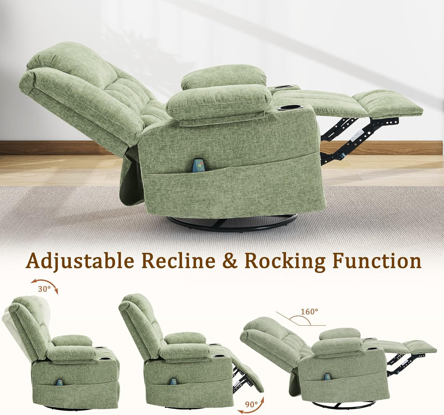 Korser 360° Swivel Rocker Recliner for Adults, Nursery Glider Recliner with Massage and Heating, Rocking Chair with Cup Holder, Manual Recliner Chair for Living Room, Bedroom (Fabric, Beige)
