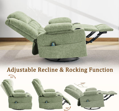 Korser 360° Swivel Rocker Recliner for Adults, Nursery Glider Recliner with Massage and Heating, Rocking Chair with Cup Holder, Manual Recliner Chair for Living Room, Bedroom (Fabric, Beige)
