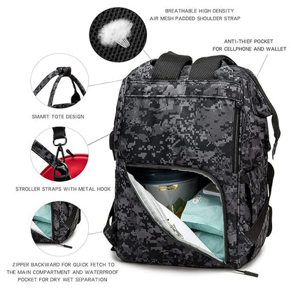 Diaper Bag Backpack with USB Charging Port Stroller Straps and Insulated Pocket,army military Travel Nappy Backpack for Dad/Mom (Black Camo)