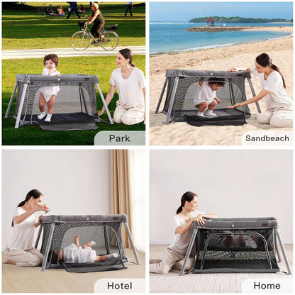 Gromast 2 in 1 Portable Travel Crib for Toddler, Foldable Crib for Baby, Lightweight Playpen Collapsible Playard with Soft Mattress, Easy to Carry Baby Travel Bed for Outdoor, Indoor (Grey)