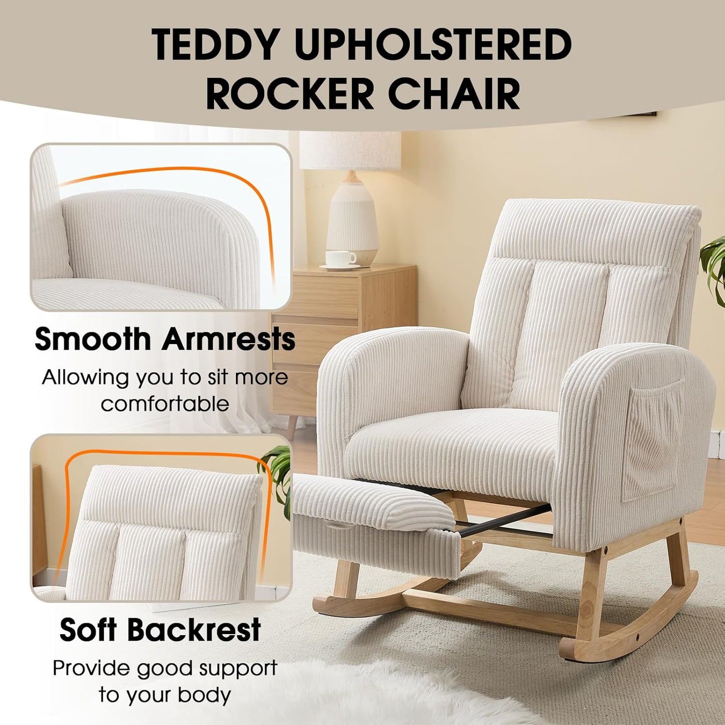 NIOIIKIT Nursery Rocking Chair, Corduroy Upholstered Rocking Chair with Adjustable Footrest, Tufted Rocker Chair with Side Pocket, Glider Rocker for Living Room, Bedroom (Cream Retro)
