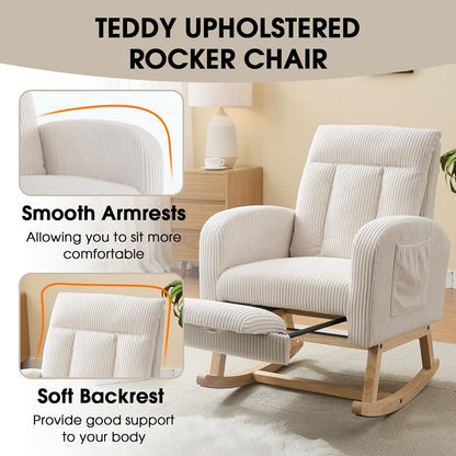 NIOIIKIT Nursery Rocking Chair, Corduroy Upholstered Rocking Chair with Adjustable Footrest, Tufted Rocker Chair with Side Pocket, Glider Rocker for Living Room, Bedroom (Cream Retro)