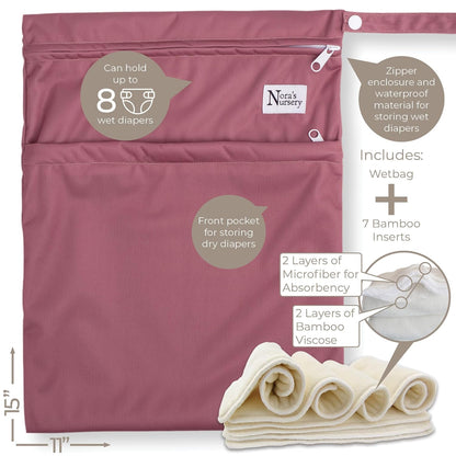 Nora's Nursery Cloth Diapers 7 Pack with 7 Inserts & 1 Wet Bag - Waterproof Cover, Washable, Reusable & One Size Adjustable Pocket Diapers for Newborns and Toddlers - Cali Coastal