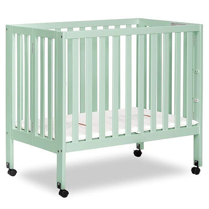 Dream On Me Jett Mini Folding Baby Crib in Mint, GreenGuard Gold & BSA, Lightweight & Portable, Patented Flat Folding System for Small Spaces & Travel, 1.5” Mattress Pad, 3 Heights, Safe Wheels