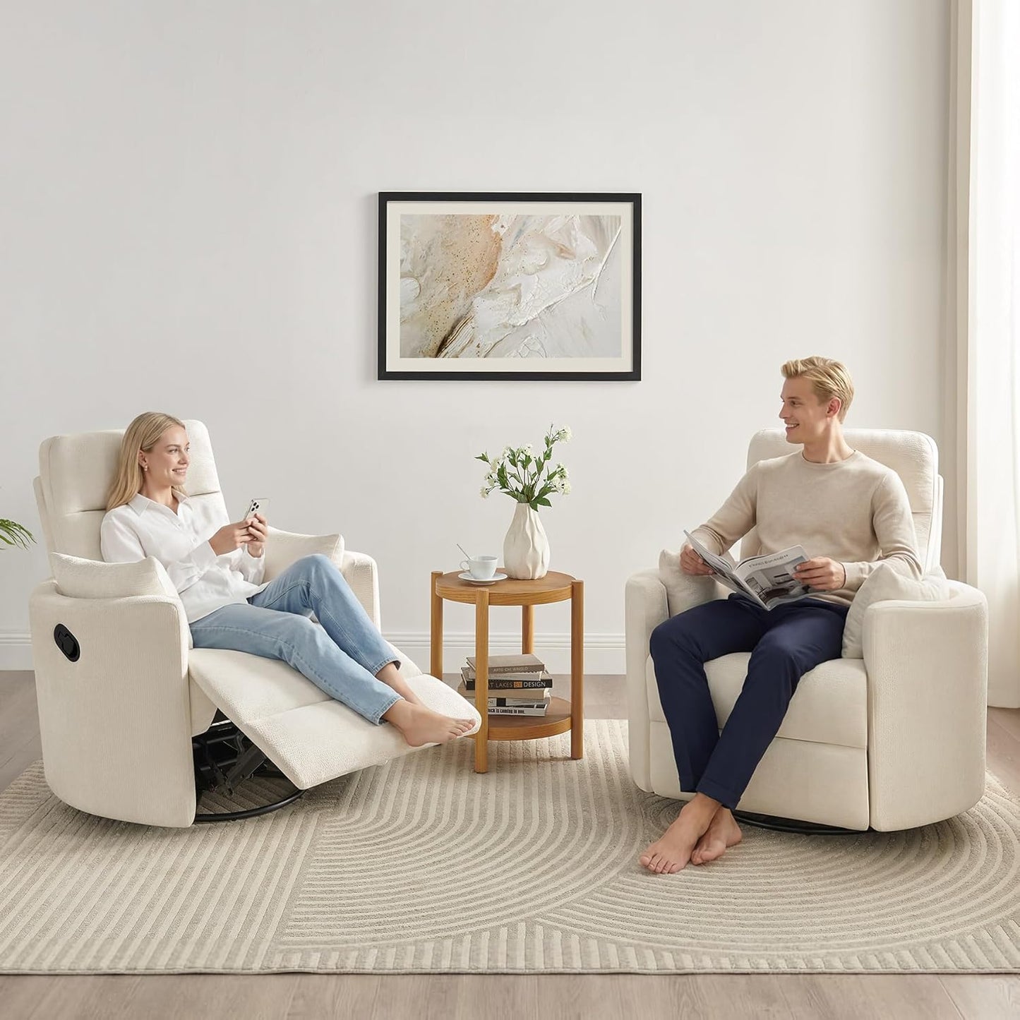 Nursery Rocking Chair, Oversized 360° Swivel Glider Recliner Chair, Upholstered Nursery Rocker with 2 Pillows and Footrest, Cozy Reclining Sofa for Living Room, Bedroom, Nursing, Olive