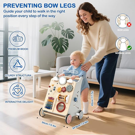 Detachable Baby Walker for Toddlers 1 Year Old Wooden Montessori Busy Board Adjustable Speed Push & Pull Walker Learning to Walk Activity Center Toy for Boys Girls 12 Months+ Baby Toys Birthday Gifts
