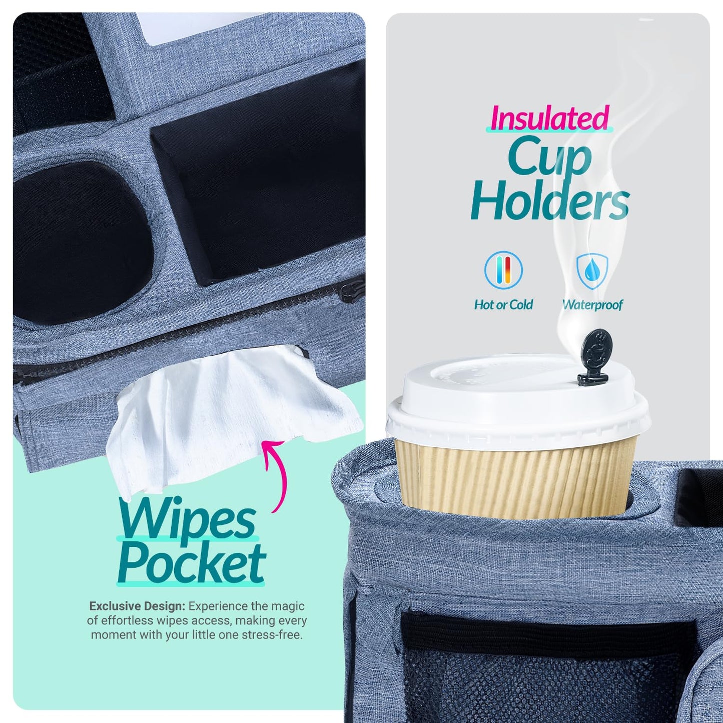 Swanoo Stroller Caddy Organizer With Cup Holder, Non Slip Straps Bag for Phone, Pet Stroller Accessories, Universal Fits Uppababby Vista v2 Wonderfold Wagon, Doona and More