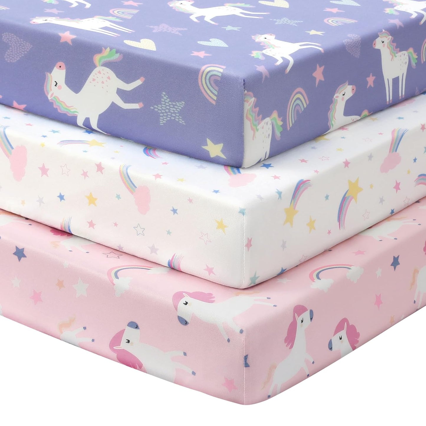 Baby Mini Crib Sheets Girl, Portable 38”x26” Pack and Play Sheets Fitted for Playard and Pack N Play Mattress, 3-Pack Soft Microfiber Pink Rainbow