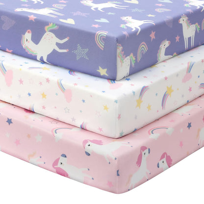 Baby Mini Crib Sheets Girl, Portable 38”x26” Pack and Play Sheets Fitted for Playard and Pack N Play Mattress, 3-Pack Soft Microfiber Pink Rainbow