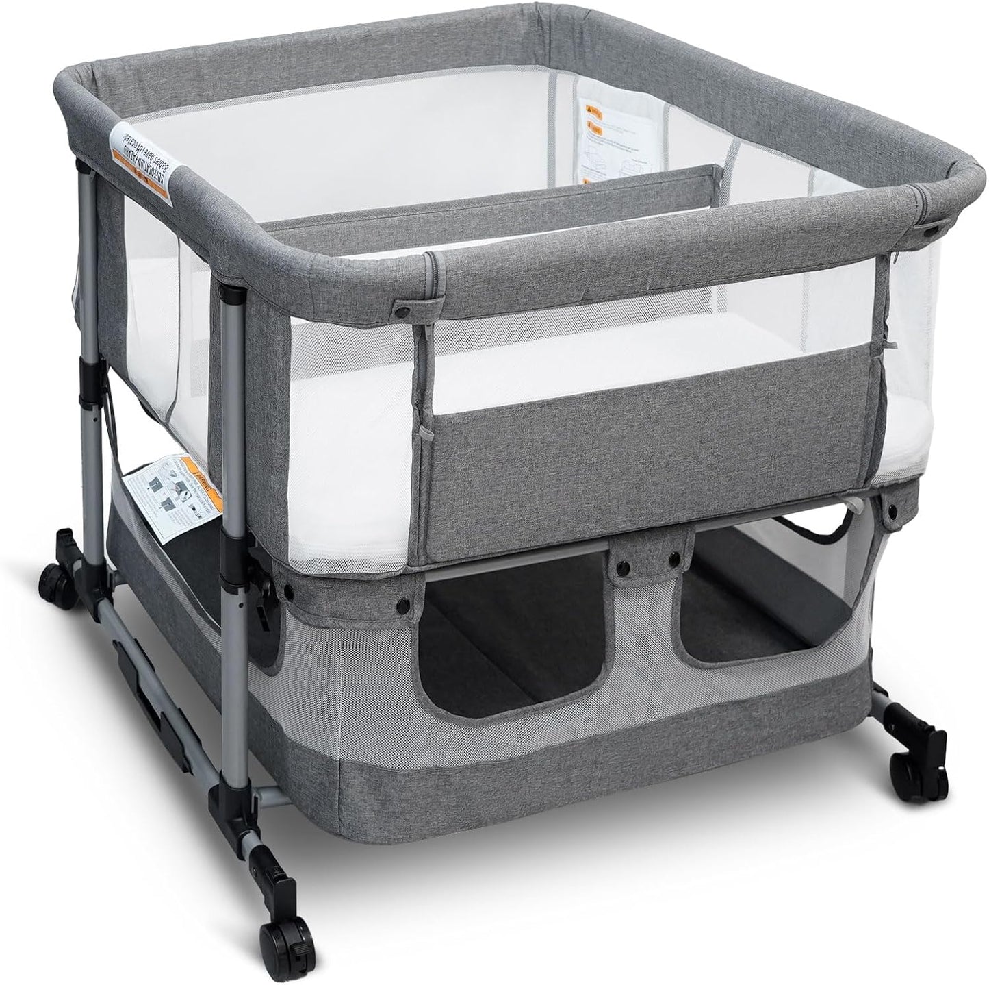 Twin Bassinet for 2 Babies, Double Bassinet for Twins, Baby Bassinet with Wheels, Full-Mesh Sides, 5-Height Adjustable, Portable and Stable Baby Crib for Newborns (Basic Grey)
