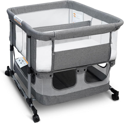 Twin Bassinet for 2 Babies, Double Bassinet for Twins, Baby Bassinet with Wheels, Full-Mesh Sides, 5-Height Adjustable, Portable and Stable Baby Crib for Newborns (Basic Grey)