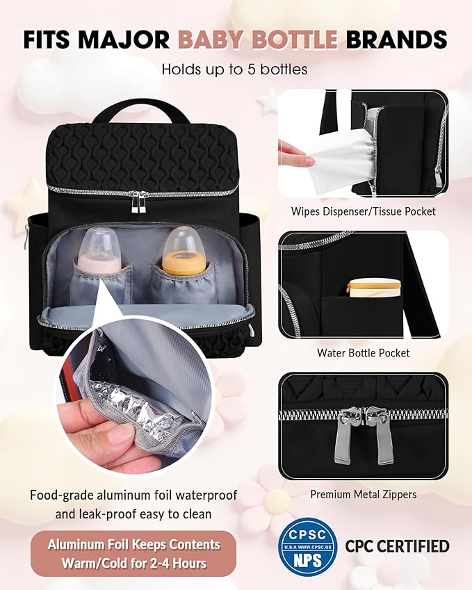 Baby Diaper Bag Backpack, Expandable Baby Bag for Girl Boy, Travel Diaper Backpack with Insulated Pocket, Changing Pad, Quilted Diaper Bag for Mom Dad, Newborn Baby Essentials Must Have Black