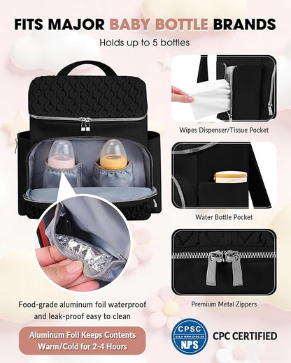 Baby Diaper Bag Backpack, Expandable Baby Bag for Girl Boy, Travel Diaper Backpack with Insulated Pocket, Changing Pad, Quilted Diaper Bag for Mom Dad, Newborn Baby Essentials Must Have Black