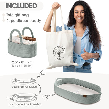 J&JOO Baby Changing Basket includes Diaper Caddy - Soft & Waterproof Dual-Cover, Portable, Changing Pad for Dresser & Changing Table, Gift for Baby Shower, Organic Cotton Rope