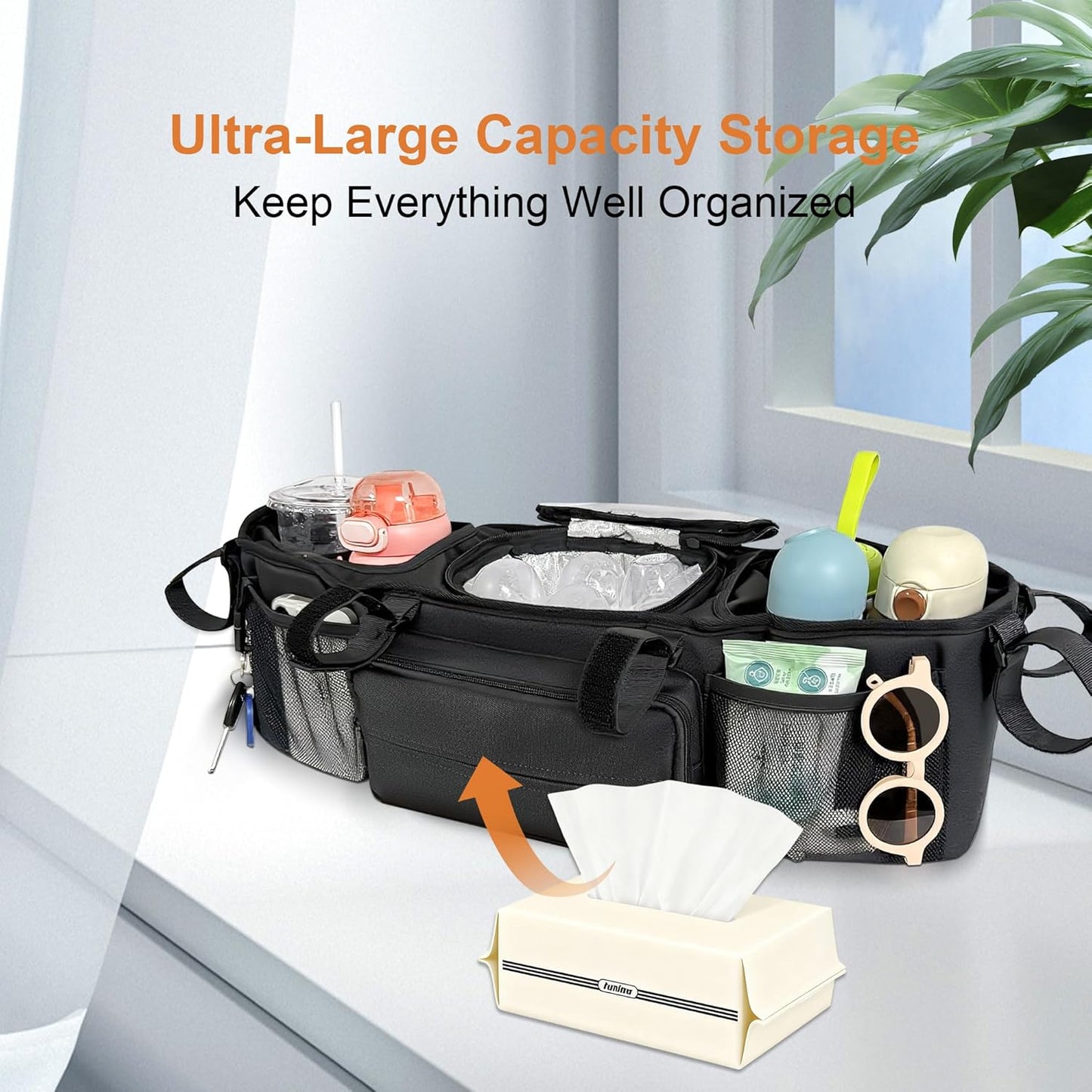 Double Stroller Organizer for Bob Duallie and Baby Jogger City Mini GT2, Double Jogging Stroller Caddy with 2 Insulated Cooler Pockets & Detachable Bag