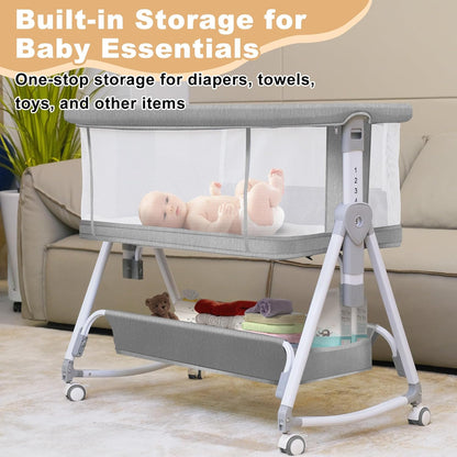 Baby Bassinet,3 in 1 Bedside Bassinet for Baby with Hanging Toys,Foldable Baby Bassinets Bedside Sleeper,4-Sided Mesh Bedside Crib with Wheels and Storage Basket,6 Height Adjustable (Light Grey)