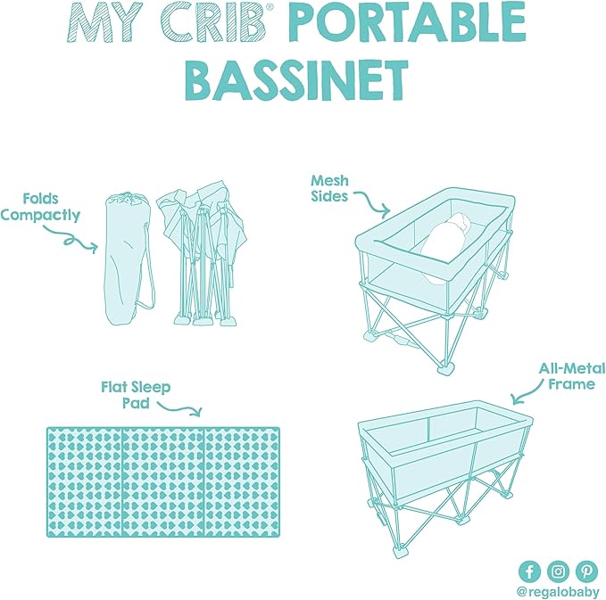 Regalo My Crib Portable Infant Bassinet, Includes Design Padded Insert, Travel Carry Bag, Support Tubes, Step Safety Locking Mechanism, Grey
