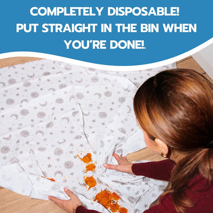 30 Pack Disposable Splat Mats by Eli with Love - Extra Large 49"x49" 100% Waterproof Baby Splat Mat for Under High Chair - Plastic Mat Liner for Floor - Protect from Spills (Moon & Stars, 30 Pack)