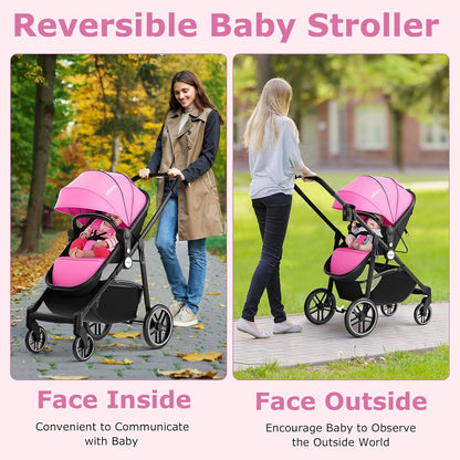 INFANS 2 in 1 Baby Stroller, High Landscape Infant Stroller & Reversible Bassinet Pram, Foldable Pushchair with Adjustable Canopy, Storage Basket, Cup Holder, Suspension Wheels (Black)