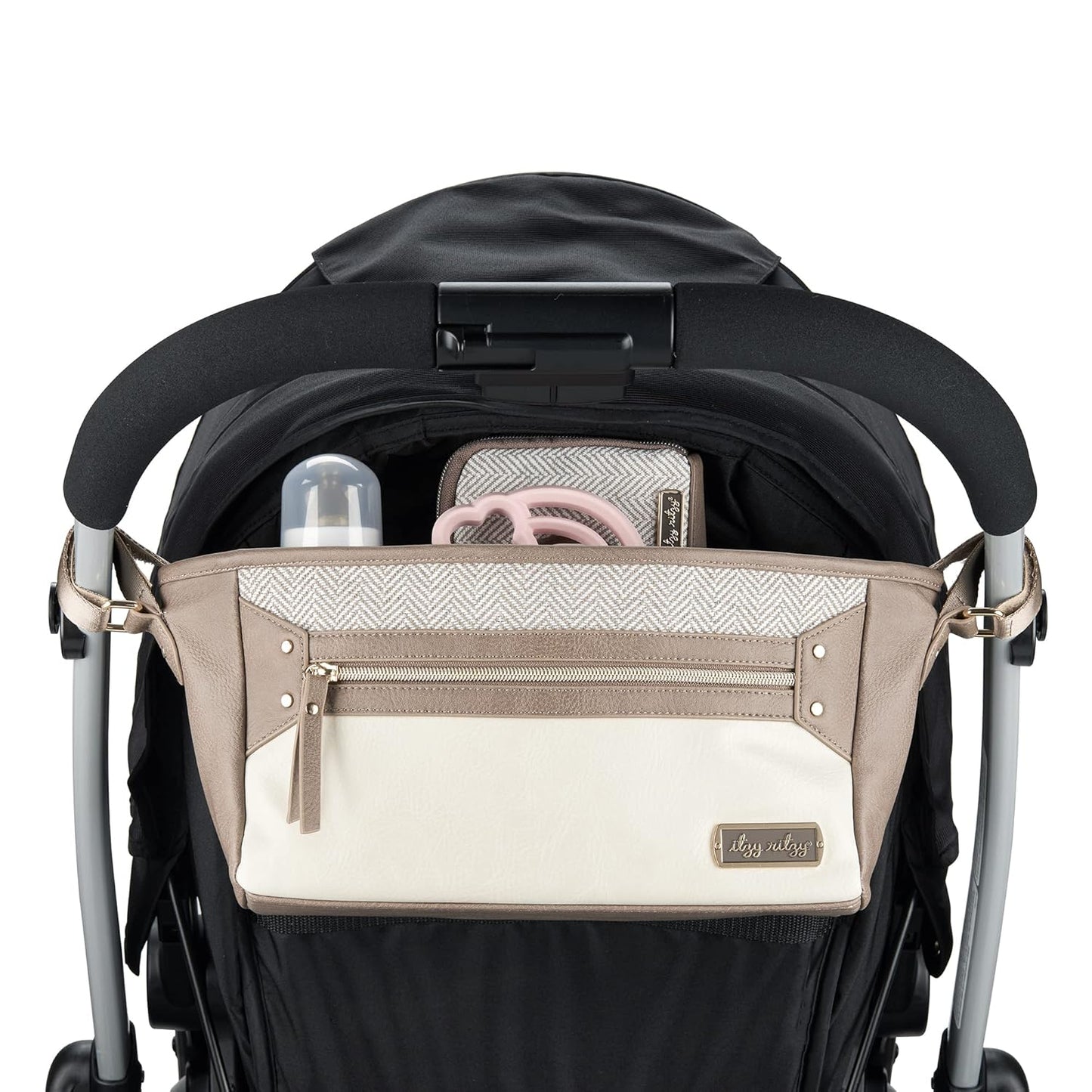 Itzy Ritzy Adjustable Stroller Caddy and Organizer Bag Featuring Front Zippered Pocket, 2 Built-In Interior Pockets & Adjustable Straps to Fit Nearly Any Stroller (Coffee and Cream)