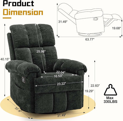 Korser Recliner Chair, Swivel Rocker Recliner Chair for Adults, Small Recliners for Small Spaces, Upholstered Manual Recliner with Side Pockets, Nursery Rocking Chair for Living Room, Chenille, Beige