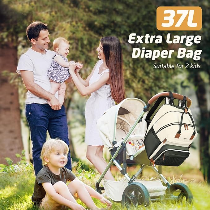 Diaper Bag Backpack - Extra Large Diaper Bag for 2 Kids Twin, Travel Baby Bags for Mom Dad 25-37L Expandable with Changing Pad Earphone Hole, Apricot Green
