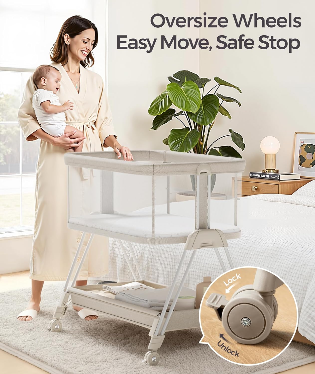 Fodoss Baby Bassinets Bedside Sleeper - 3-in-1 Baby Bassinet with Wheels, Soft Mattress, Storage Tray, Full-Mesh Sides, 7-Height Adjustable Crib for Newborns